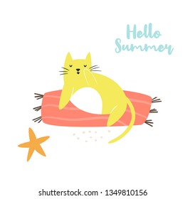 Cute hand drawn cat on a beach. Summer time. Isolated scandinavian cartoon illustration.