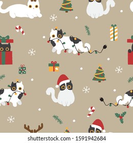 Cute hand drawn cat on Christmas seamless pattern