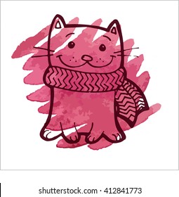 Cute hand drawn cat on watercolor background. Vector illustration