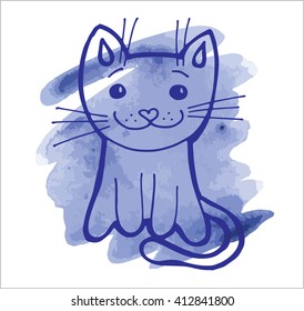Cute hand drawn cat on watercolor background. Vector illustration