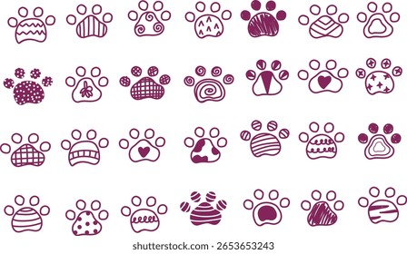 Cute hand drawn cat paw prints with playful patterns and doodle style. Fun animal paw icons for kids, pet care, stickers, patterns, or creative projects. Isolated vector illustration, cartoon, clipart