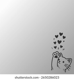 Cute Hand Drawn Cat Raising Paw with Flying Hearts on Gradient Background