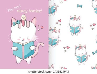 Cute hand drawn cat reading book with seamless pattern set.