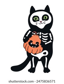 Cute hand drawn cat in skeleton costume holding a smiling pumpkin. Vector illustration