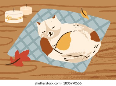 Cute hand drawn cat sleeping on carpet surrounded by autumn leaves and candles vector flat illustration. Domestic animal relax lying on wooden floor. Cozy fall atmosphere