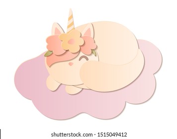Cute hand drawn cat unicorn in flower wreath sleeping on cloud. Paper cut vector art template.