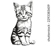 Cute hand drawn Cat, vector illustration black and white kitten

