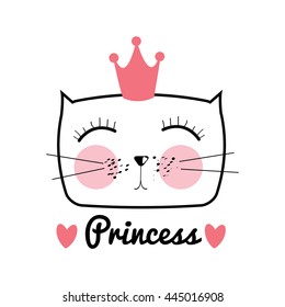 Cute Hand Drawn Cat Vector Illustration. Little Princess with Crown Concept EPS10
