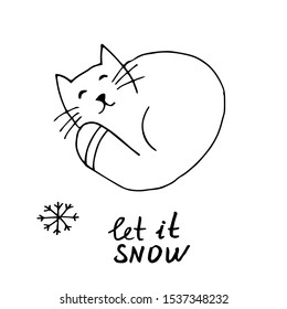 Cute hand drawn cat .Warm and cozy hand drawn vector illustration in scandinavian style. Winter elements  