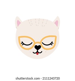 Cute hand drawn cat.
White animal's face with nice elements, golden sunglasses, eyes and small red tongue. Vectir illustration isolated on white