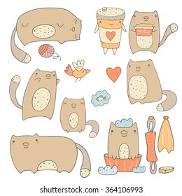 Cute hand drawn cats collection including sleeping cat, cat with candy and coffee, hunting cat, cat with heart, cat dreaming about fish, cat in bath. Cat icons collection