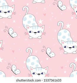 Cute hand drawn cats colorful seamless pattern background