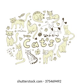 Cute hand drawn cats colorful set arranged in round composition