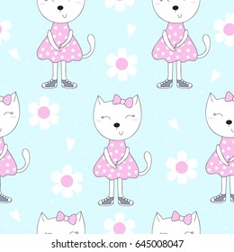 Cute hand drawn cats colorful seamless pattern background.