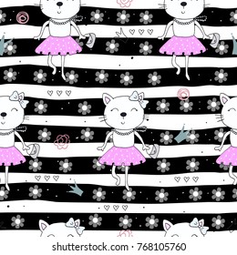 Cute hand drawn cats colorful seamless pattern background.