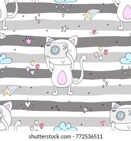 Cute hand drawn cats colorful seamless pattern background.