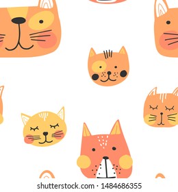 Cute hand drawn cats faces, childish print. Best for t-shirt, poster, wrapping paper, decoration. Vector illustration in scandinavian style. Seamless pattern.