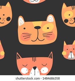 Cute hand drawn cats faces, childish print. Best for t-shirt, poster, wrapping paper, decoration. Vector illustration in scandinavian style. Seamless pattern.