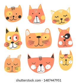 Cute hand drawn cats faces, childish print. Best for t-shirt, poster, wrapping paper, decoration. Vector illustration in scandinavian style. Isolated on white background.