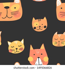Cute hand drawn cats faces, childish print. Best for t-shirt, poster, wrapping paper, decoration. Vector illustration in scandinavian style. Seamless pattern.