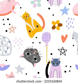 Cute hand drawn cats with festive birthday decorations having fun at the party. Seamless vector pattern with domestic colorful animals