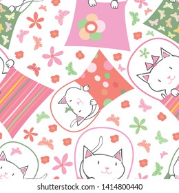 Cute hand drawn cats in handbags in fun multicolor design with flowers and butterflies. Seamless vector pattern on white background. Great for children, birthdays, party, invitations, gift wrap
