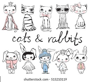 Cute hand drawn cats and rabbits