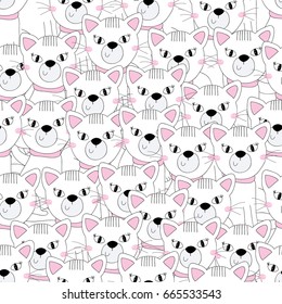Cute hand drawn cats seamless pattern background.