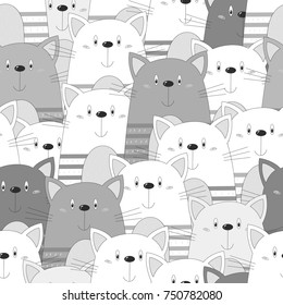 Cute hand drawn cats seamless pattern background.