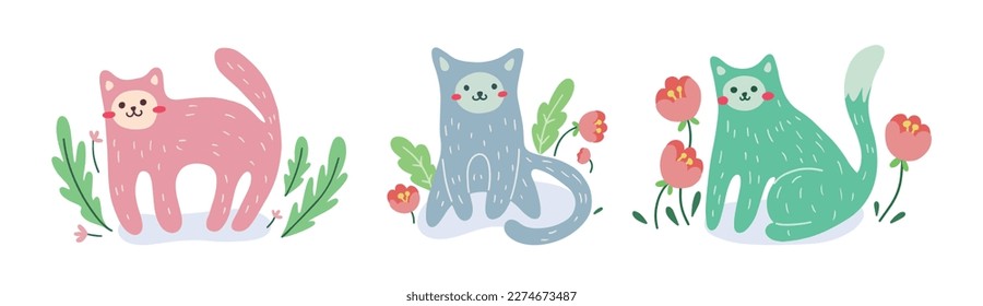 Cute hand drawn cats in a set. Pretty cartoon kittens isolated on white background. Vector illustration in a childish, naive style. Flat design with baby animals in pastel colors.