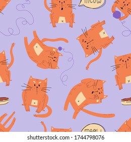 Cute hand drawn cats in various moods and pastime seamless pattern on purple background. Vector illustration for wallpaper, wrapping paper, coverage, textile, fabric, print and other design.