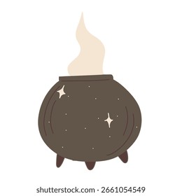 Lindo caldero dibujado a mano con vapor ascendente, marrón y cálido en color, ideal para temas de Halloween, diseño mágico, ilustraciones para niños e historias de fantasía.