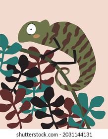 Cute Hand Drawn Chameleon  Vector Illustration. Lovely Nursery Art with Funny Green Lizard Sitting on a Twig Isolated on a Blush Beige Background. Lovely Prints for Wall Art,Card,Kids Room Decoration.