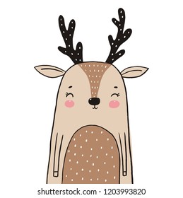 Cute Hand drawn character deer vector illustration. Hand drawn modern print for posters, cards, t-shirts.