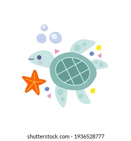 Cute Hand drawn character turtle isolated on white background. Bubbles, starfish and confetti elements. Flat vector illustration for postcard