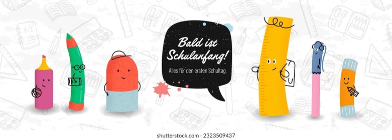 Klare, handgezeichnete Figuren und deutscher Text mit dem Titel "Zurück zur Schule - alles für den ersten Schultag" - ideal für Banner, Einladungen, Werbung