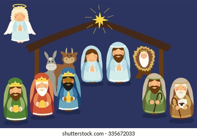 Cute hand drawn characters of Nativity scene can be used as Christmas school play banner