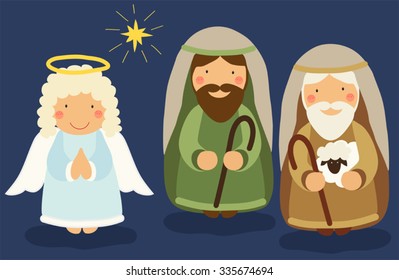 Cute hand drawn characters of Nativity scene as angel and shepherds