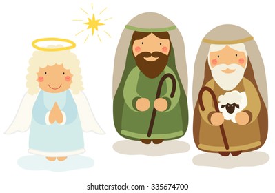 Cute hand drawn characters of Nativity scene as angel and shepherds