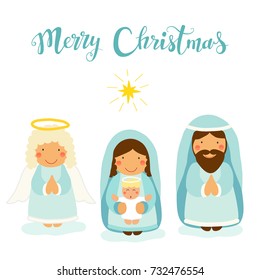 Cute hand drawn characters of Nativity scene as Mary, Joseph, Angel and baby Jesus, can be used as Christmas school play banner etc