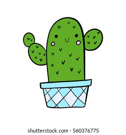 Cute hand drawn cheerful cactus colored doodle