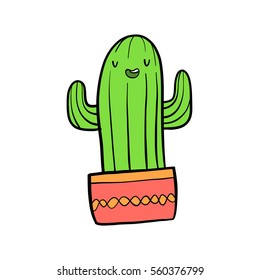 Cute hand drawn cheerful cactus colored doodle
