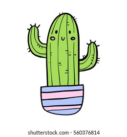 Cute hand drawn cheerful cactus colored doodle