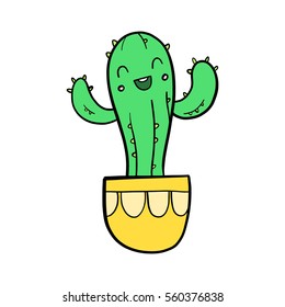 Cute hand drawn cheerful cactus colored doodle