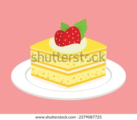 Cute hand drawn Cheese Cake on white plate with strawberry topping pastry sweet food dessert cartoon vector illustration isolated on white background for birthday party ストックフォト © 