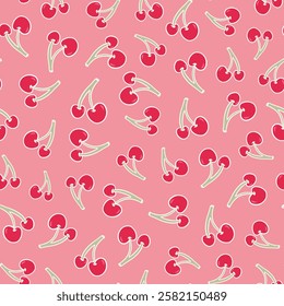 Cute, hand drawn cherries seamless repeat pattern on pink background. Random placed, vector pink fruits aop, all over surface print.