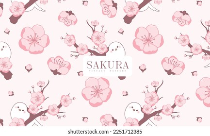 Cute hand drawn cherry blossoms blooming and bird seamless pattern 