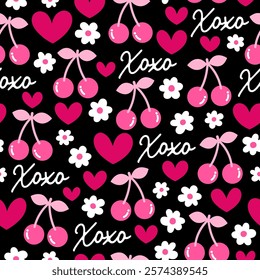 Cute hand drawn cherry, flower, heart and word "Xoxo" seamless pattern design for Valentine's Day background.