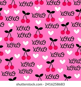 Cute hand drawn cherry, heart and word "XOXO" seamless pattern design for valentine's day.