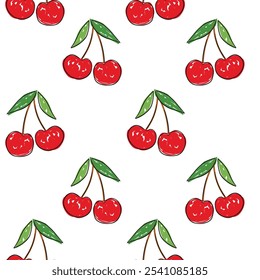 Cute Hand Drawn Cherry Pattern in Sketch Style seamless vector trendy